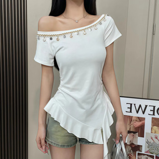 Áo Ruffles lệch vai có tua rua Áo thun Cotton hàng đầu Hàn Quốc Áo hợp thời trang cho nữ Quần áo Slim Fit