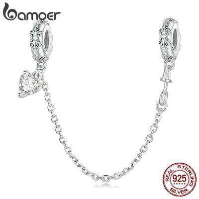 Bamoer 925 Sterling Sliver Charm Hạt Dây Xích An Toàn Họa Tiết Vintage Thiết Kế Tự Làm Cho Vòng Tay Quà Tặng Cho Nữ Scc2407