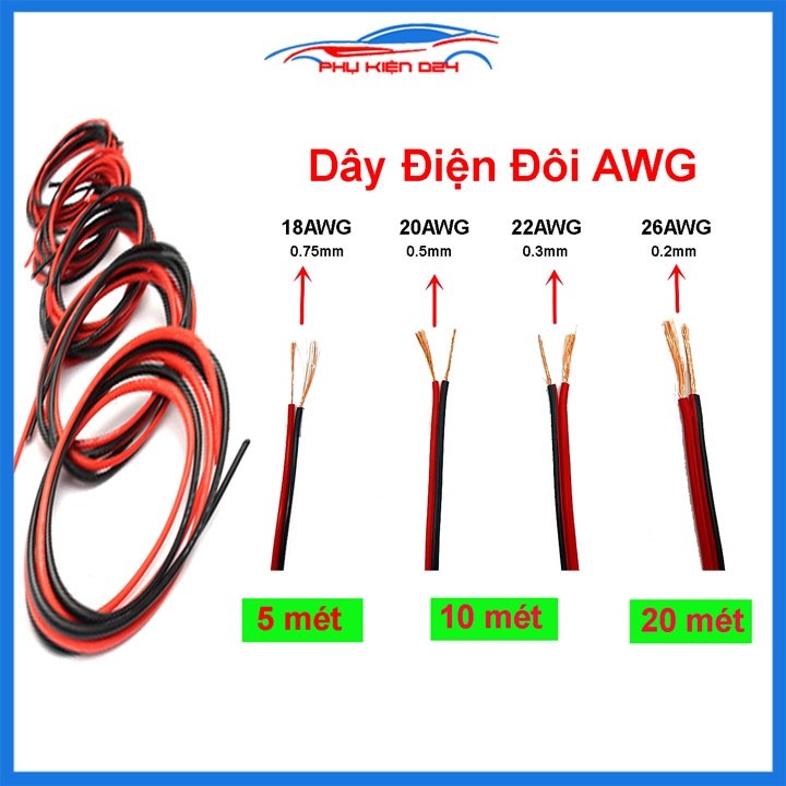 Dây điện đôi đen đỏ 18AWG đến 26AWG đường kính lõi 0.2mm, 0.3mm, 0.5mm, 0.75mm