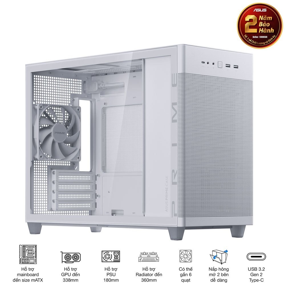 Vỏ Case ASUS Prime AP201 TG White Tempered Glass M-ATX / SP006044 - Hàng Chính Hãng
