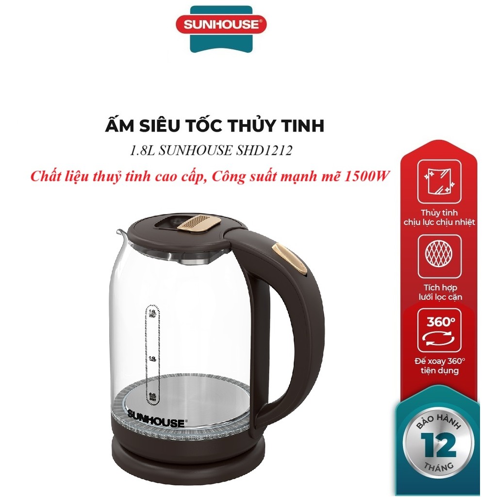 Ấm Siêu Tốc , Bình đun siêu tốc Thủy Tinh SUNHOUSE SHD1212 Dung Tích 1.8L, Công suất mạnh mẽ 1500W, đun sôi thần tốc
