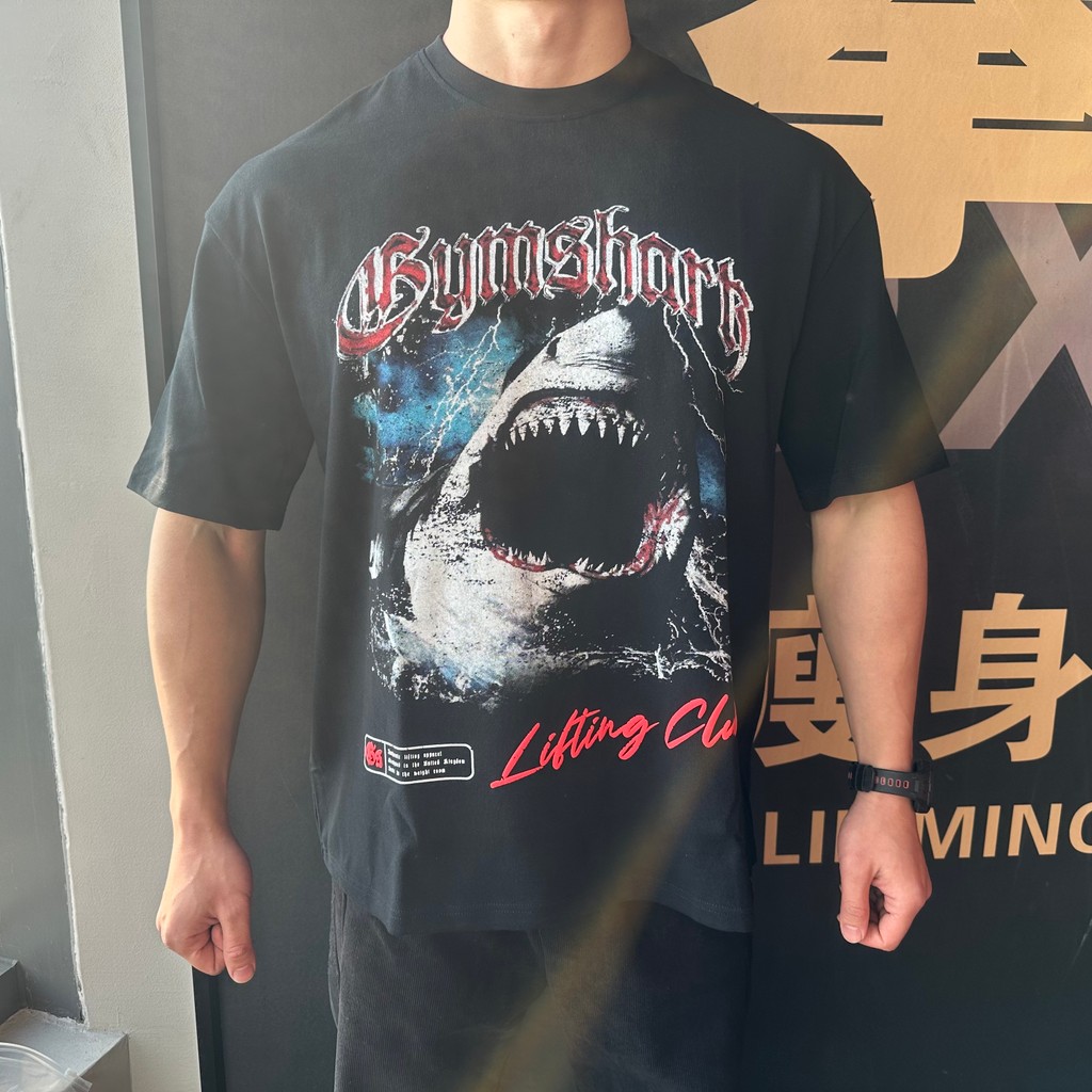 shark Shark Fitness Loose Cotton Áo thun ngắn tay nam nữ Phong cách Mỹ Big White Shark In
