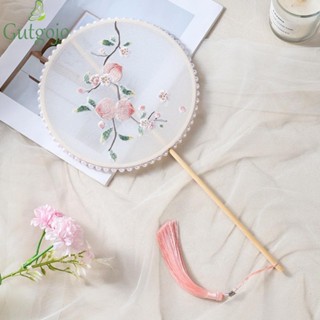 Gutgojo Quạt Tay Cầm Dài Phong Cách Cổ Đại, Tua Rua Thêu Thủ Công Qipao Quạt Tròn, Trang Trí Nhà Cổ Điển Di Động Vintage Hình Hoa Quạt Ngoài Trời