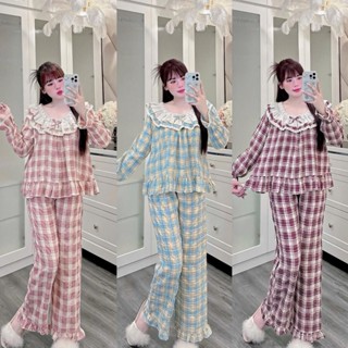 Pijama Nữ Kẻ Sọc Caro Bộ Đồ Ngủ Mặc Nhà Sammy Kẻ Caro Phối Cổ Ren 2 Tầng Chất Đũi - DDCR02