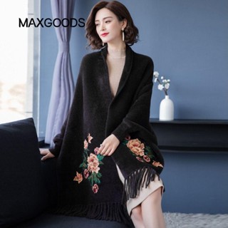  Maxgoods Khăn choàng Cashmere thêu Mùa thu đông dày khăn choàng ấm áp quấn Tiệc cưới Hijab Áo len Cardigan Cape 