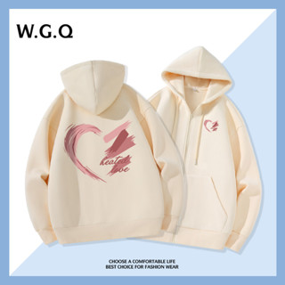【W.G.Q  Áo Hoodie nam dài tay có dây kéo có túi in hình trái tim