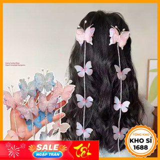 Set 2 kẹp tóc bướm phối dây ngọc trai dây xích, kẹp tóc bé gái, phụ kiện tóc trẻ em, kẹp tóc tết E2115