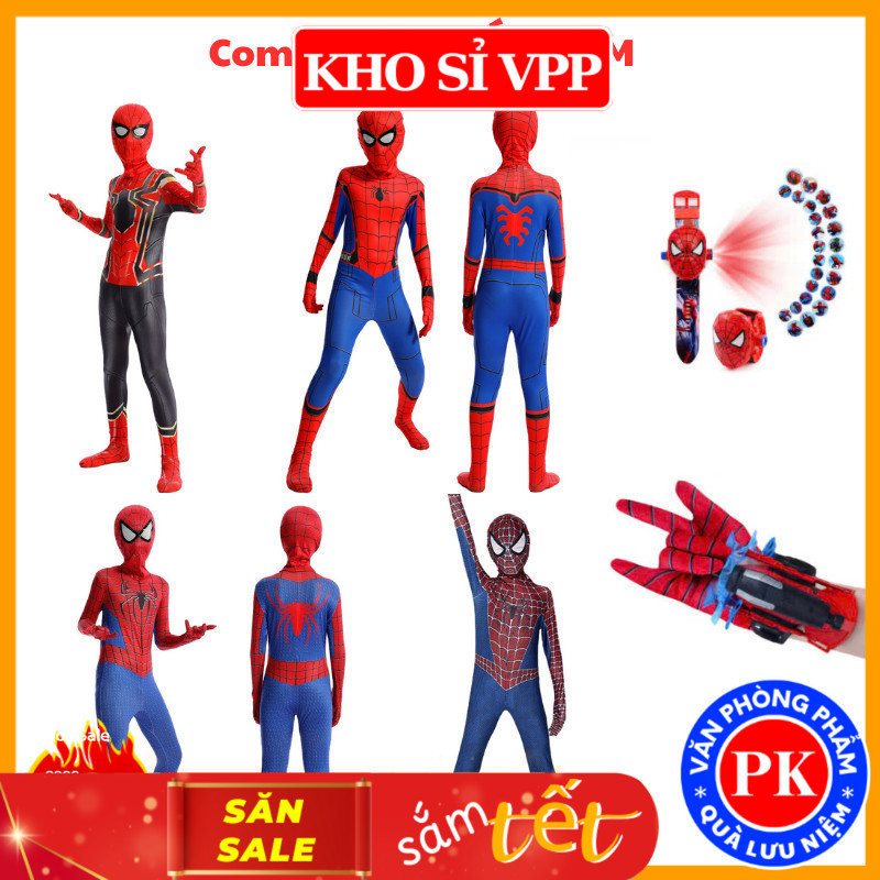 Combo bộ đồ người nhện kèm mũ, đồng hồ chiếu hình và bắn tơ nhện cho bé trai, trang phục Haloween ho