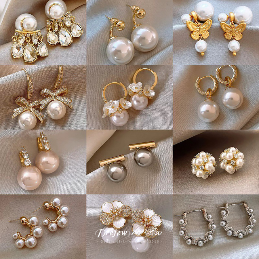 DREJEW Vàng Thật Mạ Điện Kim Bạc Nước Ngọt Ngọc Trai Bông Tai Hoa Thời Trang Pháp