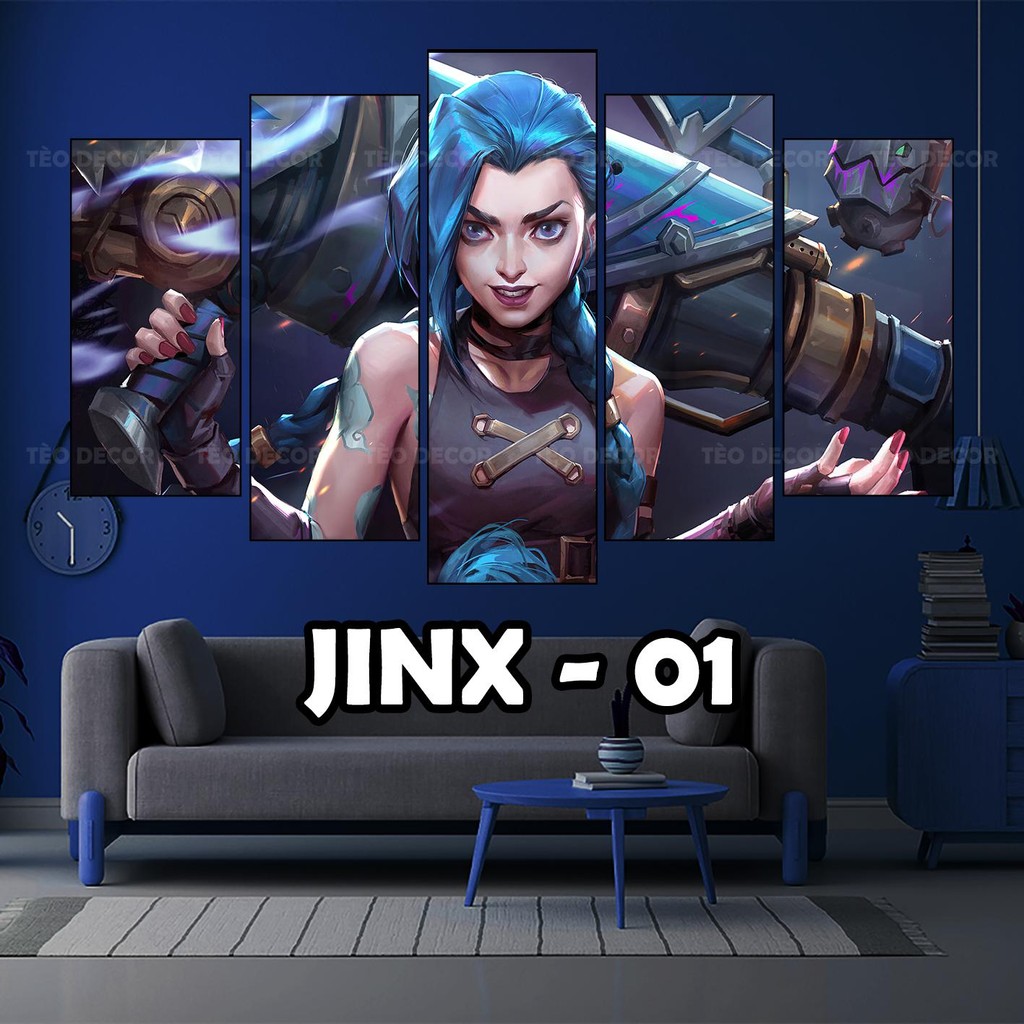 Tranh Jinx -  Liên Minh Huyền Thoại Bộ 5 Tấm Dán tường Formex 5mm Decor, Trang trí, decor góc PC, ti