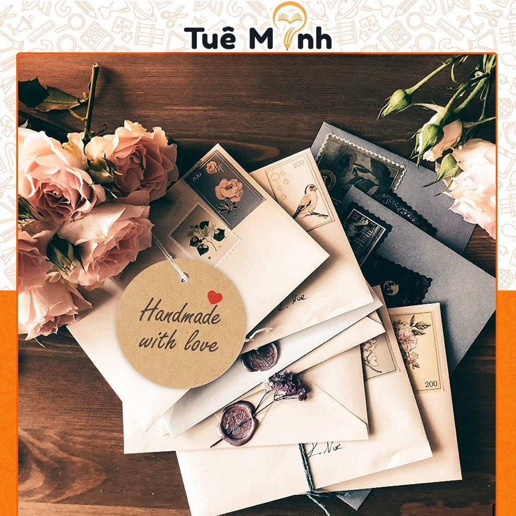 Set 50 Tag giấy kraft tem tròn TE07 tem giấy tag gói quà chữ Thank you trang trí nắp hộp quà vintage