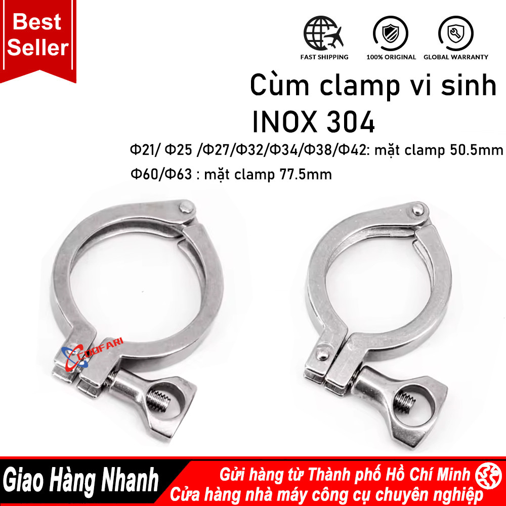 Cùm clamp vi sinh Inox 304, Kẹp cùm vi sinh, đai kẹp clamp, cùm clamp nối nhanh, cùm kẹp ống