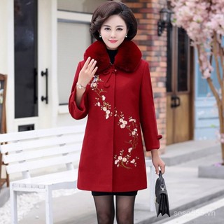 Áo khoác len cho mẹ, Áo khoác len dài vừa và cotton, kiểu mới 2019, người trung niên và cao tuổi mùa thu đông 40 tuổi 50