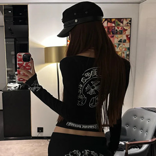 Y2k cô gái cay bó sát in hình áo thun dài tay dành cho nữ, cổ tròn, thắt lưng cinched, bên trong