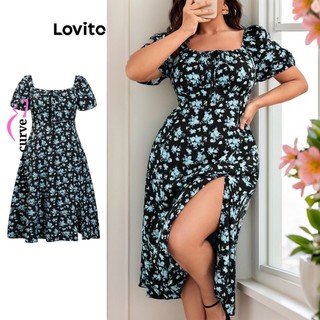 Lovito Plus Size Đường Cong Đầm Cấu Trúc Hoa Thông Thường Chia Mặt Trước Cho Nữ LBL09420