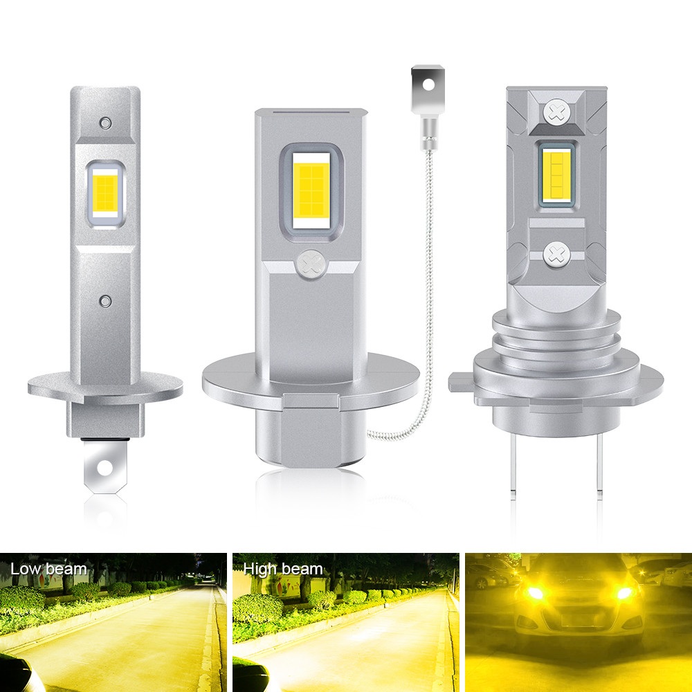 2 Chiếc H1 H3 H7 Đèn Pha Led Ô Tô Màu Vàng 3000K Chùm Cao Thấp 6000LM DRL Đèn Chạy Ban Ngày Đèn Pha 