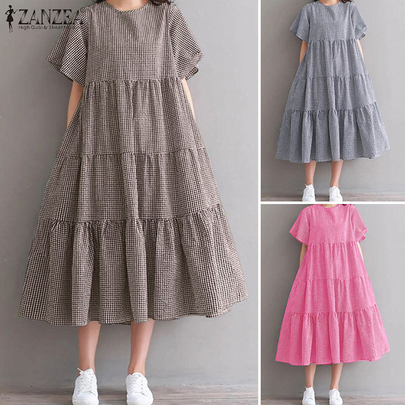 Đầm kẻ sọc dáng rộng cổ tròn ngắn tay ZANZEA dành cho nữ Hàn Quốc | BigBuy360 - bigbuy360.vn