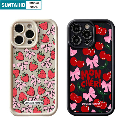 Suntaiho Thẩm Mỹ Vỏ Anh Đào Họa Tiết Nơ Dâu Tây Cho Iphone 16 15 14 13 12 11 Pro Max IP 7 8 Plus Iphon X Xs XR Xs Max Silicon Mềm Cao Cấp Chống Sốc Ốp điện thoại