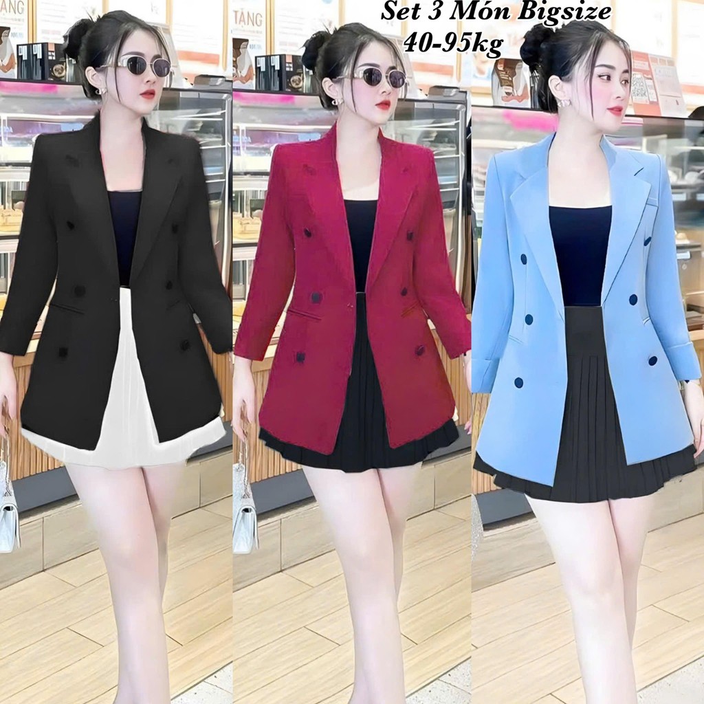 Set Vest Tay Dài Bigsize Nữ Mix Chân Váy Xếp Ly - Set 3 Món Lụa Chéo Thái Thiết Kế Dự Tiệc Nữ Cao Cấ