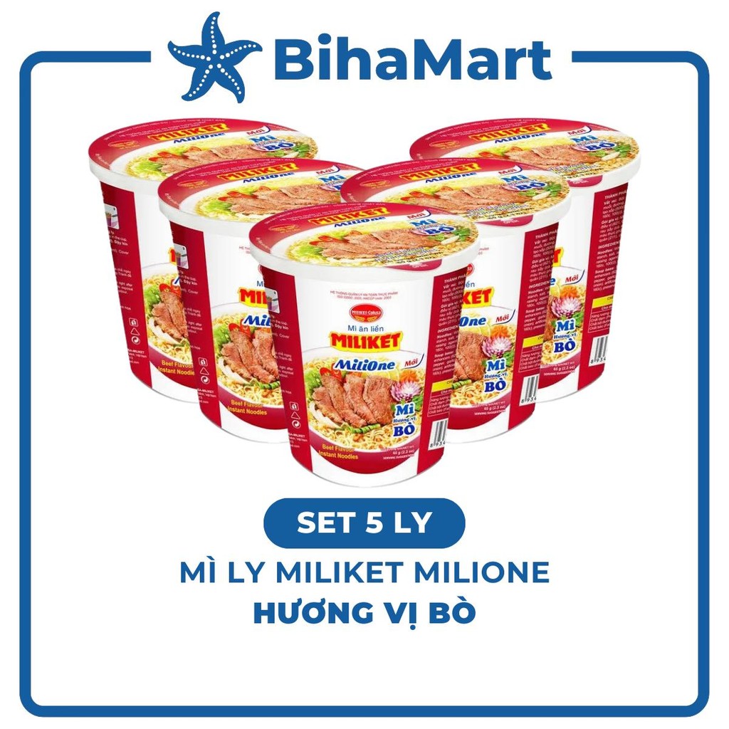 [SET 5 LY] - COLUSA - Mì ly Miliket hương vị Bò, Mì Miliket ly Bò, Mì bò ly Miliket, Miliket mì ly b