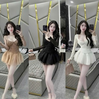 BIGSIZE HIẾU HIẾU (55-95KG) - Set Áo body nhún tay dài viền ren + Chân váy lưới dáng ngắn S517