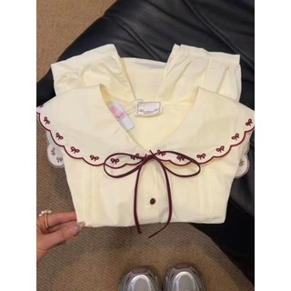 Áo sơ mi dài tay thêu nơ dáng rộng phong cách Hàn Quốc dành cho nữ