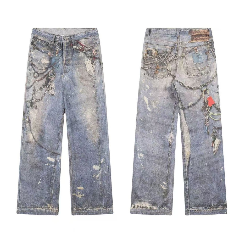 Mới 3D Dây Xích In Hình Baggy Quần Jean Nam Nữ Thường Ngày Baggy Thẳng Denim Quần High Street Ống Rộng Y2K Xanh Jean