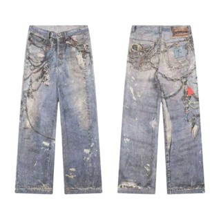 Mới 3D Dây Xích In Hình Baggy Quần Jean Nam Nữ Thường Ngày Baggy Thẳng Denim Quần High Street Ống Rộng Y2K Xanh Jean