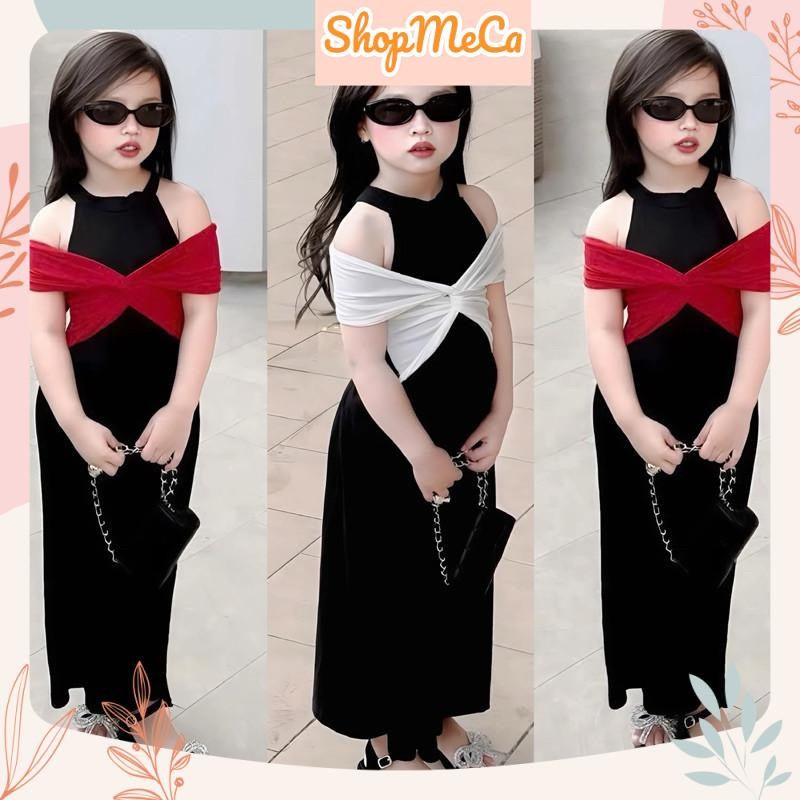 Váy đầm bé gái CS709, Váy body trễ vai nơ xoắn cho bé gái mặc noel giáng sinh, tết