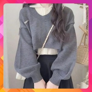   C380  Set  2 MÓN  áo len dệt kim CROPTOP KÈM TAG dày và ÁO 3 LỖ có cổ tay dài phối rách - Kholenqc 