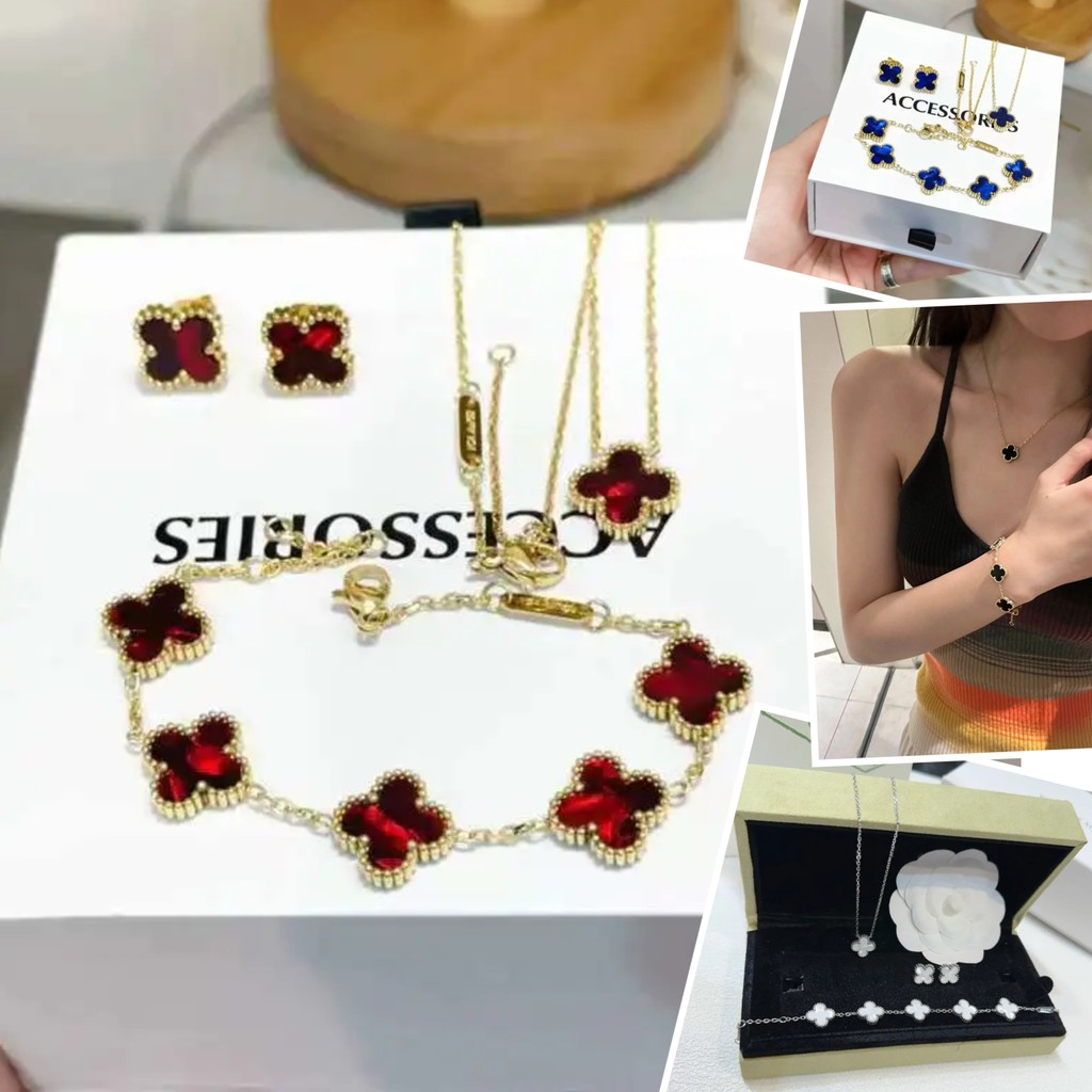 Vòng cổ vòng tay cỏ ba lá bốn lá bằng thép không gỉ vàng 18k Bộ vòng cổ không phai màu có thể đeo trong cỏ ba lá tắm