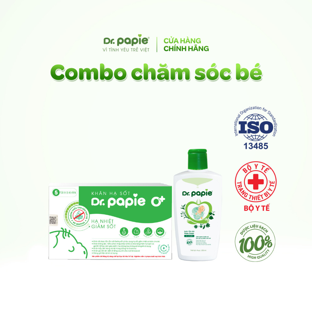 1 Chai Nước Tắm Thảo Dược Dr.Papie 230ml / 1 Hộp Khăn Hạ Sốt 0+ Dr.Papie 5 Túi x 5 Khăn PAPIE