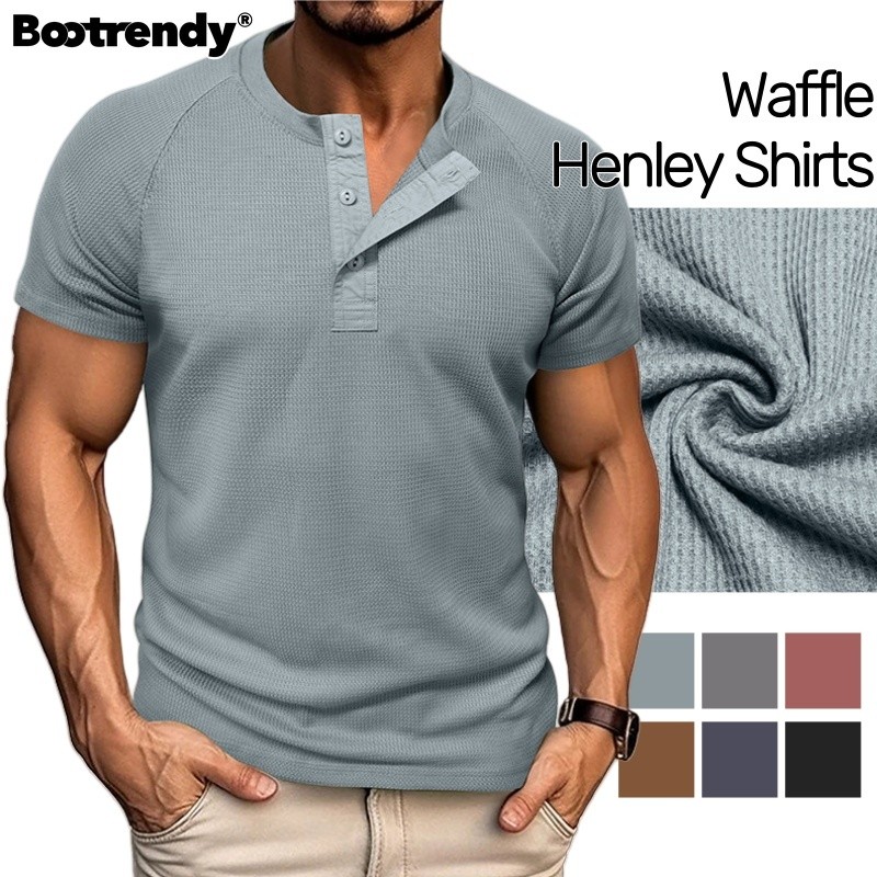 Bootrendy Nam Waffle Henley Áo Sơ Mi Plus Kích Thước Tay Ngắn Cổ Tròn Tập Luyện Áo Thun Thoáng Khí T