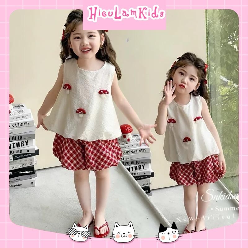 Xả kho SN157- Bộ quần áo bé gái, Set áo nấm đũi hàn quần bí kẻ caro đỏ cho bé gái