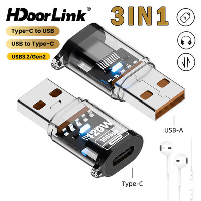 HdoorLink 120W Bộ chuyển đổi USB A sang Type C 10Gbps Đầu nối USB3.2 để truyền dữ liệu Bộ chuyển đổi tai nghe sạc nhanh