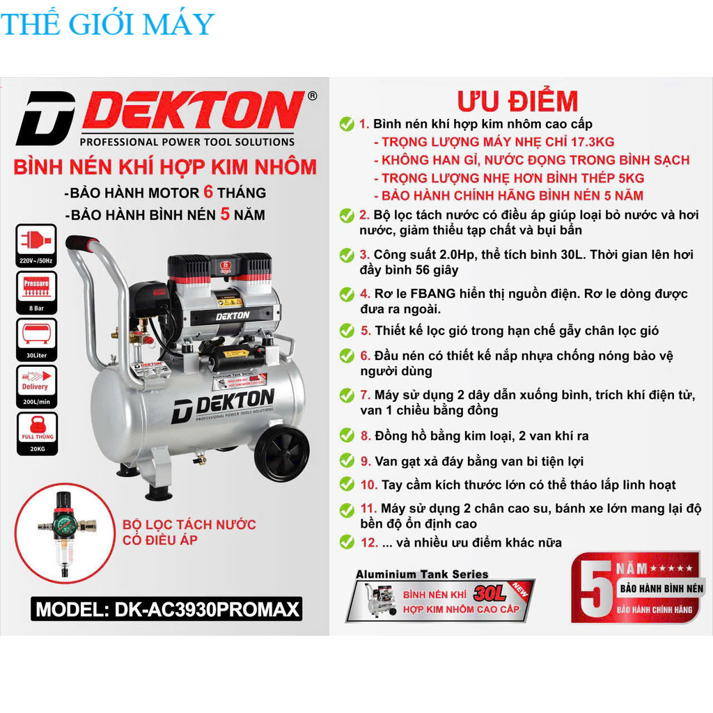 Máy nén khí dekton DK-AC3930Pro , 30lít 2hp , có tách lọc nước Thế giới máy rẻ