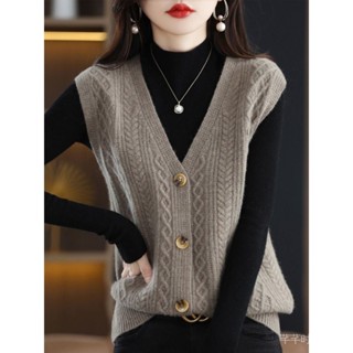 Áo Khoác Cardigan dệt kim màu Trơn Cổ Chữ V Mẫu Mới Xuân thu Áo len không tay rộng rãi đơn giản cho nữ áo khoác sát nách MBHP