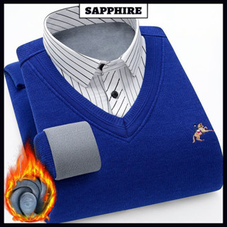 Áo sơ mi giữ nhiệt mẫu mới mùa thu đông Promon Áo len nam lót nhung dày giả áo dệt kim hai mảnh dài tay