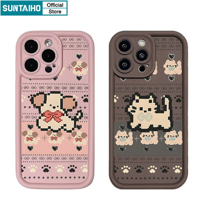 Suntaiho Dễ Thương Ngộ nghĩnh Vỏ Điện Thoại Họa Tiết Chó Mèo Hoạt Hình Cho Iphone 16 15 14 12 13 11 Pro Max IP 7 8 Plus Iphon X Xs XR Xs Max Silicon Mềm Cao Cấp Chống Sốc Ốp Lưng