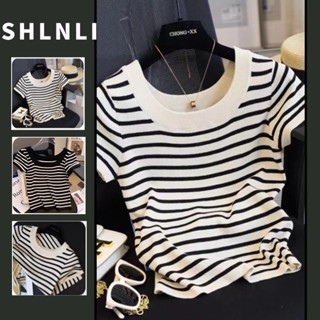 Áo thun nữ sọc băng lụa ngắn tay cỡ lớn cổ vuông dệt kim ngắn cơ thể ôm mùa xuân hè