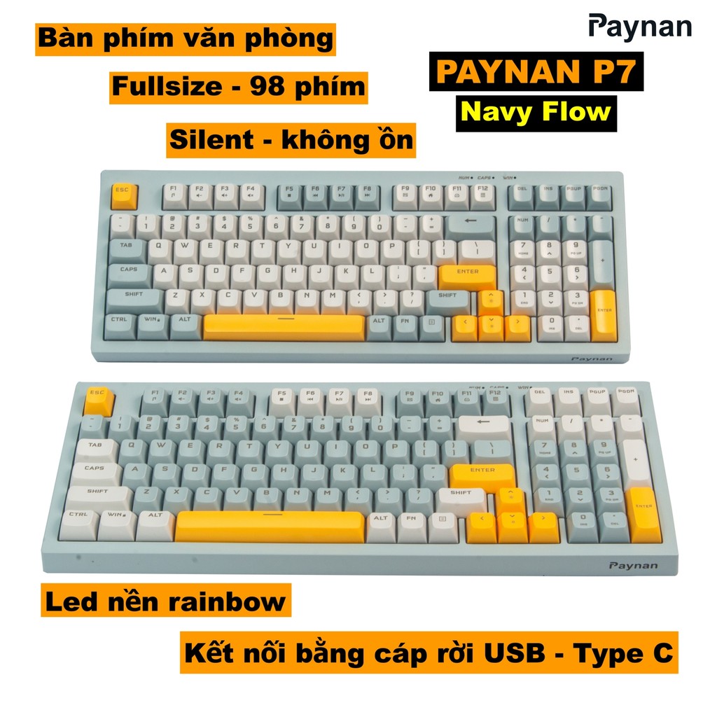 Bàn phím văn phòng P7 Paynan Navy Flow chống ồn kết nối cáp rời 98 phím đèn led rainbow keycap navy xám trắng | BigBuy360 - bigbuy360.vn