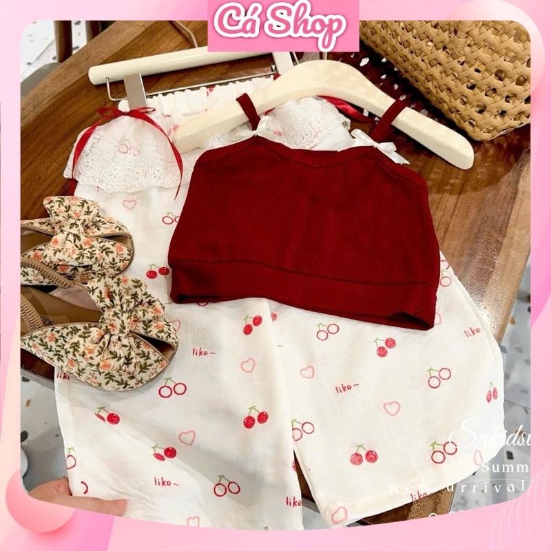 SN151,Bộ quần áo bé gái, Set áo đỏ 2 dây quần cherry cho bé gái