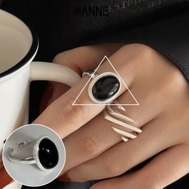 [ANNE] Niche Design Sense Cool Black Onyx Ring Nữ Xu hướng thời trang Nhẫn ngón tay chỉ số mở cao cấ