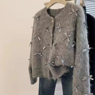 Một aimilian Áo Len Xám Sang Trọng Nơ Dệt Kim Áo Khoác Cardigan Phong Cách Mới Giảm Tuổi Hàng Đầu V250228056