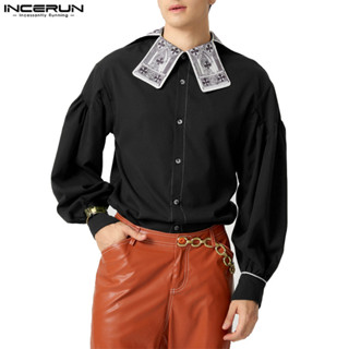 Incerun Nam Vintage Thời Trang In Hình Khối Màu Thiết Kế Áo Sơ Mi Tay Phồng