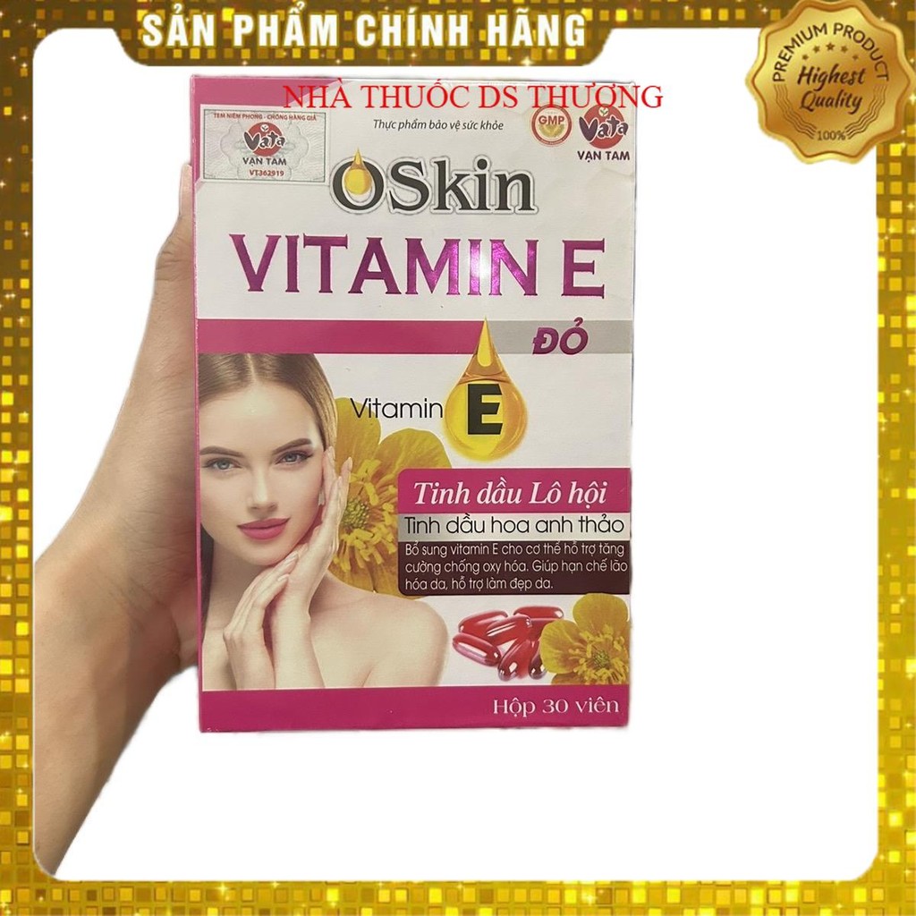 Vitamin E đỏ Oskin - có dầu hoa anh thảo - làm đẹp da - hộp 30 viên dùng đc 1 tháng