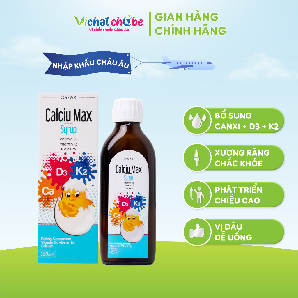 Canxi hữu cơ Orzax Calciu Max Syrup - Bổ sung canxi, D3, K2MK7 cho bé phát triển chiều cao, xương ră
