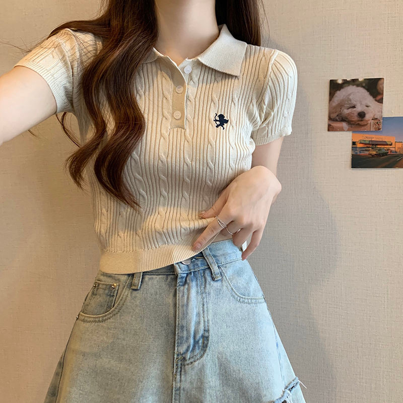Pháp Niche Thời Trang polo Cổ Dệt Kim Áo Sơ Mi Nhỏ Tay Áo Thun Nữ Ngắn Top 3BJX