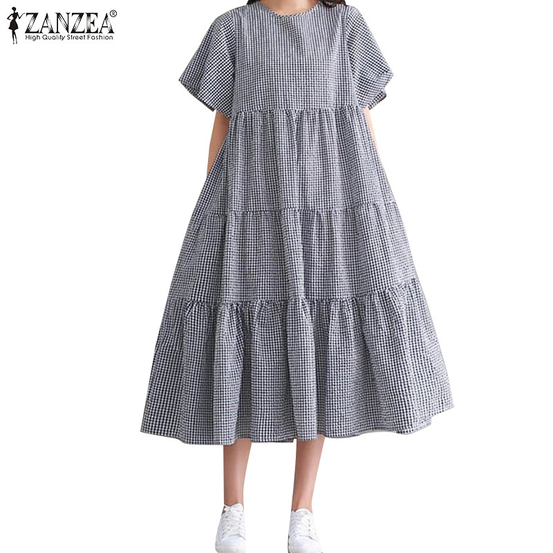 Đầm kẻ sọc dáng rộng cổ tròn ngắn tay ZANZEA dành cho nữ Hàn Quốc | BigBuy360 - bigbuy360.vn