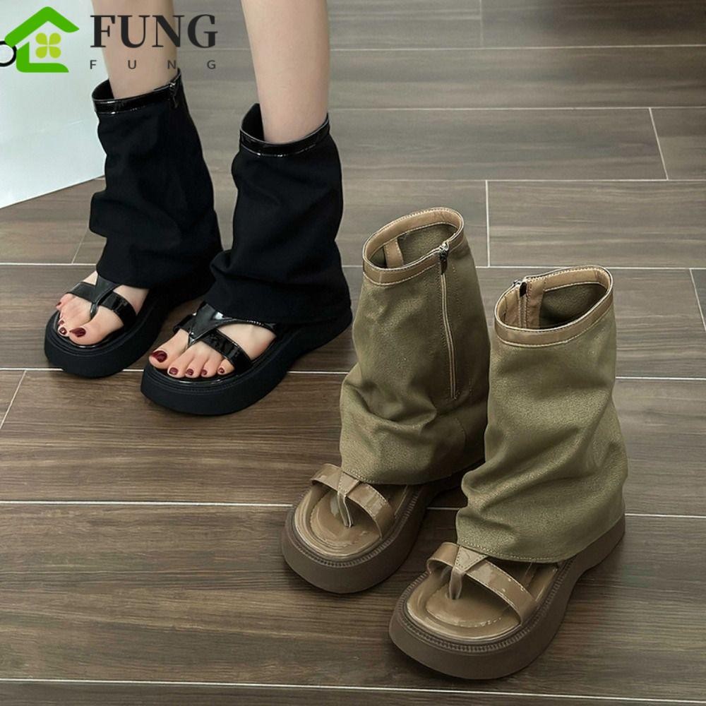 Giày bốt ngắn Denim FUNG, Giày bốt hở ngón bằng da mềm cổ điển, Thiết kế mới Y2K Cool Street Style G